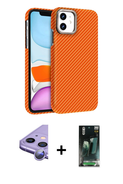 ieg™ iPhone 11 Kılıf Doruk Serisi - Şeffaf 360 Full Body Arka Koruyucu + Mor Raze Metal Kamera Lens