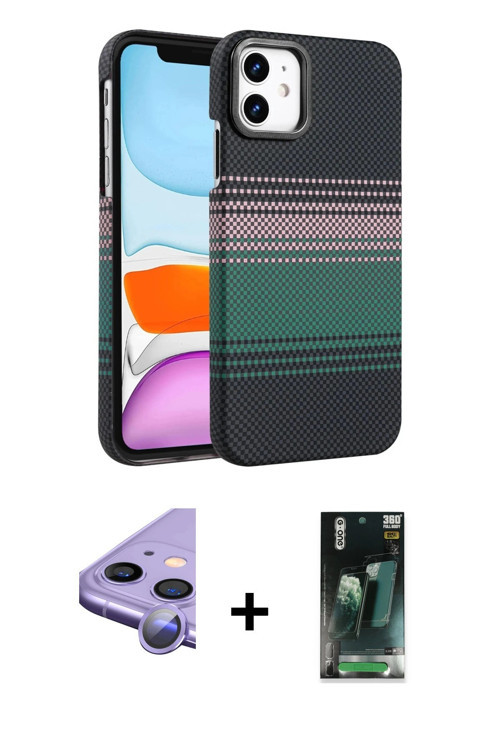 ieg™ iPhone 11 Kılıf Doruk Serisi - Şeffaf 360 Full Body Arka Koruyucu + Mor Raze Metal Kamera Lens