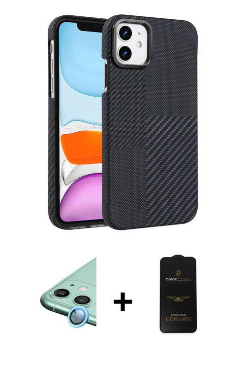 ieg™ iPhone 11 Kılıf Doruk Serisi - Siyah 6D Antistatik Mat Seramik Hayalet Nano Ekran Koruyucu + Ma