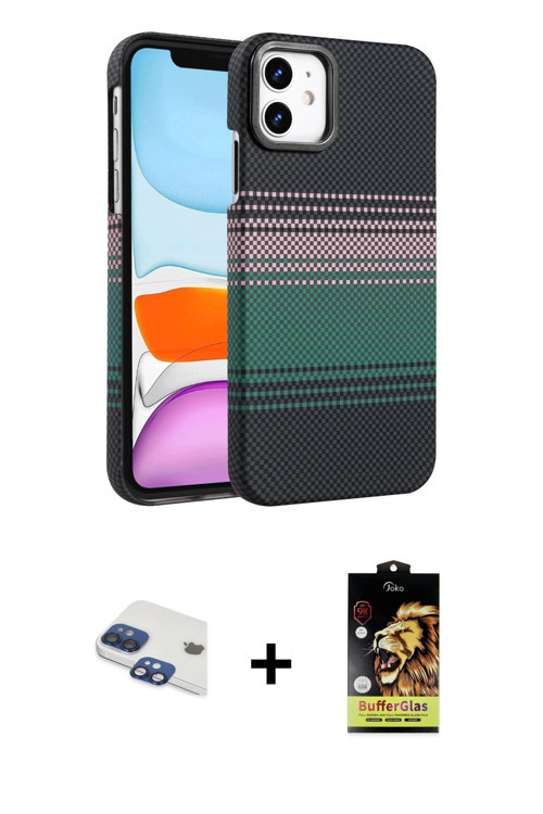 ieg™ iPhone 11 Kılıf Doruk Serisi - Siyah Buffer Cam Ekran Koruyucu + Lacivert Pers Alüminyum Kamera