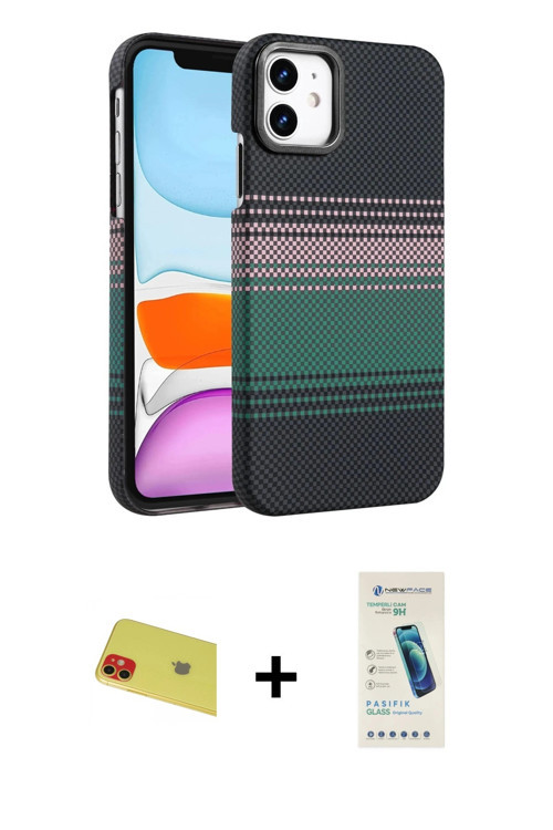 ieg™ iPhone 11 Kılıf Doruk Serisi - Şeffaf Pasifik Cam Ekran Koruyucu + Kırmızı Rainbow Kamera Lens