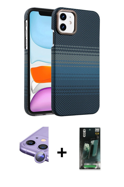 ieg™ iPhone 11 Kılıf Doruk Serisi - Şeffaf 360 Full Body Arka Koruyucu + Mor Raze Metal Kamera Lens