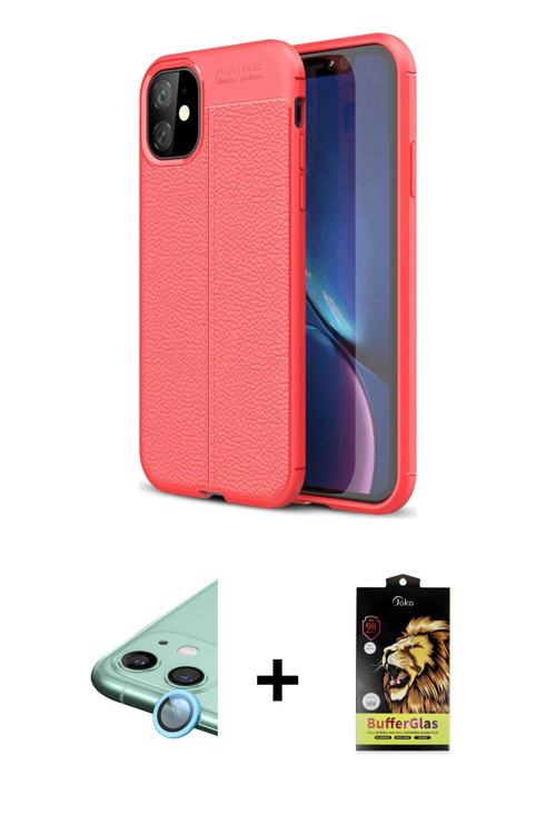 ieg™ iPhone 11 Kılıf Doruk Klasik Özel Seri - Siyah Buffer Cam Ekran Koruyucu + Mavi Raze Metal Kame