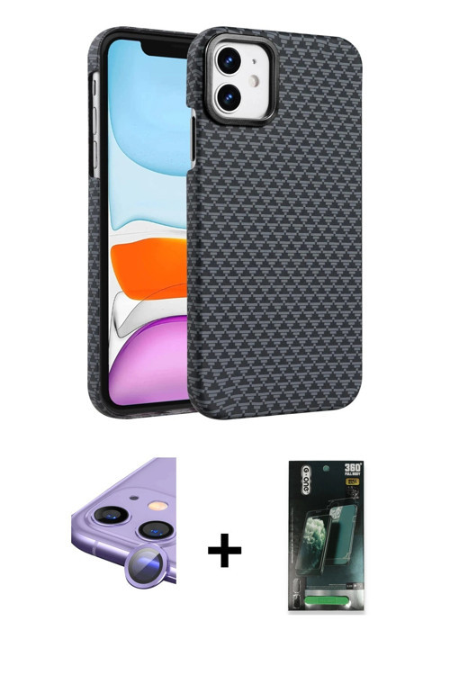ieg™ iPhone 11 Kılıf Doruk Serisi - Şeffaf 360 Full Body Arka Koruyucu + Mor Raze Metal Kamera Lens