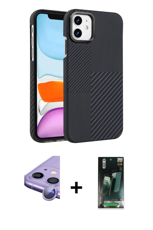 ieg™ iPhone 11 Kılıf Doruk Serisi - Şeffaf 360 Full Body Arka Koruyucu + Mor Raze Metal Kamera Lens