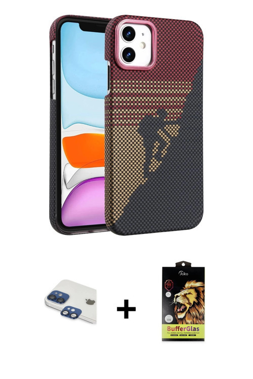 ieg™ iPhone 11 Kılıf Doruk Serisi - Siyah Buffer Cam Ekran Koruyucu + Lacivert Pers Alüminyum Kamera