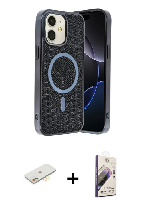 iPhone 11 Kılıf Eksen Çizgi - Siyah Bilvis 3D Mat Cam Ekran Koruyucu + Sarı Renkli Kamera Lens