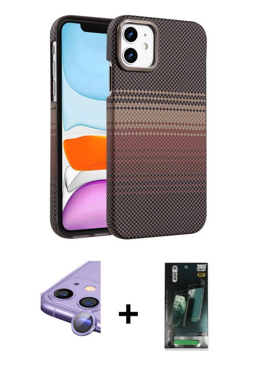 ieg™ iPhone 11 Kılıf Doruk Serisi - Şeffaf 360 Full Body Arka Koruyucu + Mor Raze Metal Kamera Lens