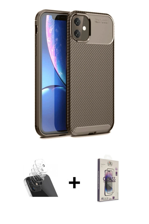 ieg™ iPhone 11 Kılıf Eksen Form Prime - Siyah Bilvis 3D Cam Ekran Koruyucu + Şeffaf Kamera Lens Koru