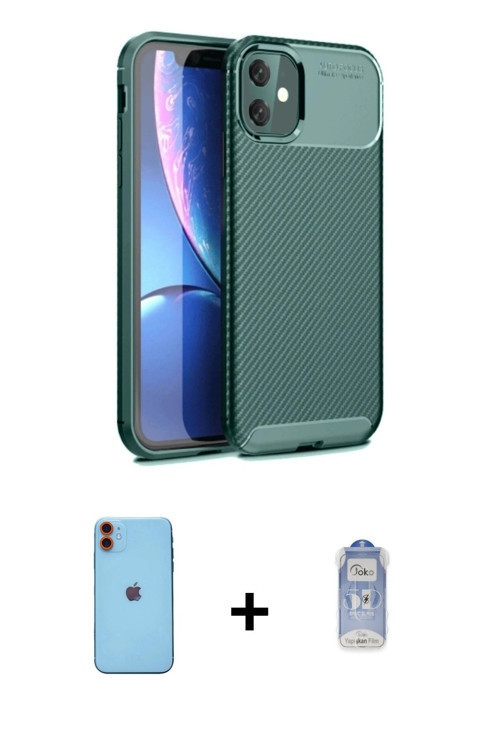 ieg™ iPhone 11 Kılıf Eksen Form Prime - Siyah Joko Magic 5D Cam + Turuncu Neon Fosforlu Kamera Lens