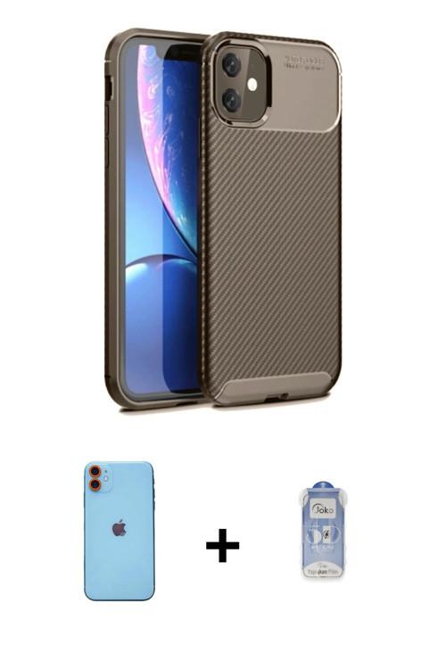 ieg™ iPhone 11 Kılıf Eksen Form Prime - Siyah Joko Magic 5D Cam + Turuncu Neon Fosforlu Kamera Lens