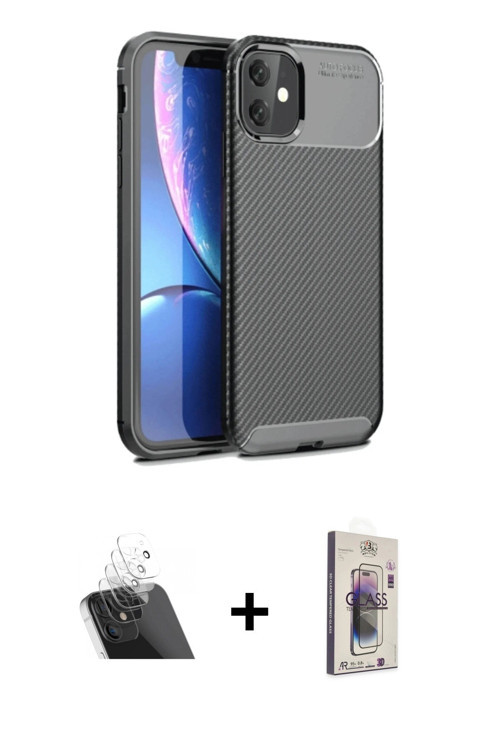 ieg™ iPhone 11 Kılıf Eksen Form Prime - Siyah Bilvis 3D Cam Ekran Koruyucu + Şeffaf Kamera Lens Koru