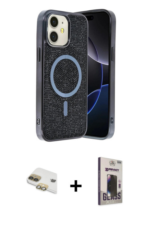 ieg™ iPhone 11 Kılıf Eksen Çizgi - Siyah Bilvis Hayalet Cam Ekran Koruyucu + Gold Pers Alüminyum Kam
