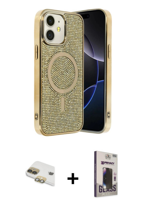 ieg™ iPhone 11 Kılıf Eksen Çizgi - Siyah Bilvis Hayalet Cam Ekran Koruyucu + Gold Pers Alüminyum Kam