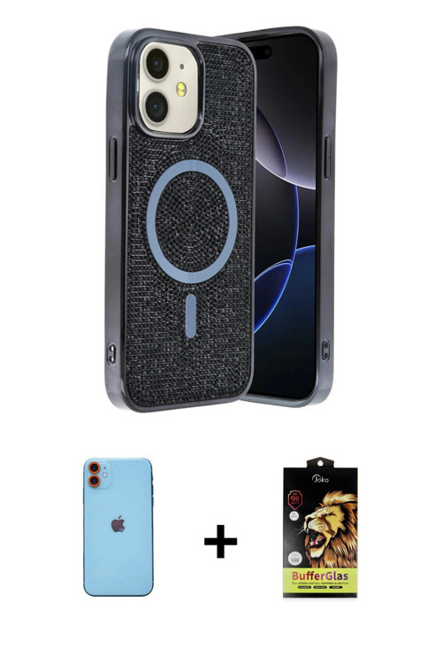 ieg™ iPhone 11 Kılıf Eksen Çizgi - Siyah Buffer Cam Ekran Koruyucu + Turuncu Neon Fosforlu Kamera Le