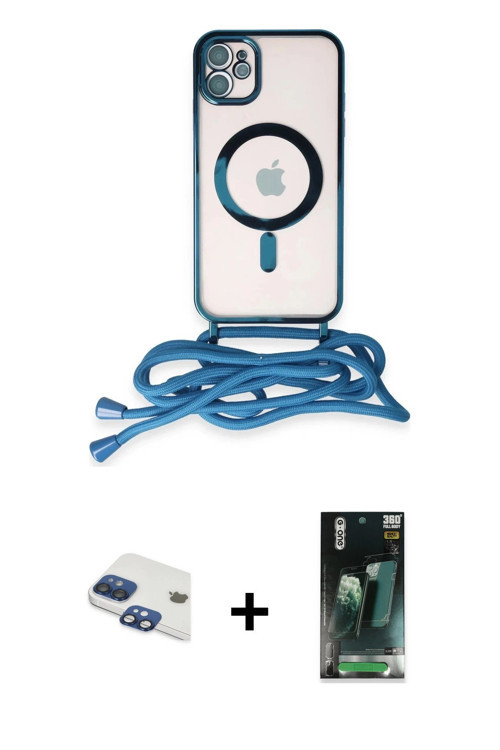 ieg™ iPhone 11 Kılıf Eksen Özel Seri - Siyah 360 Mat Full Body Arka Koruyucu + Lacivert Pers Alüminy