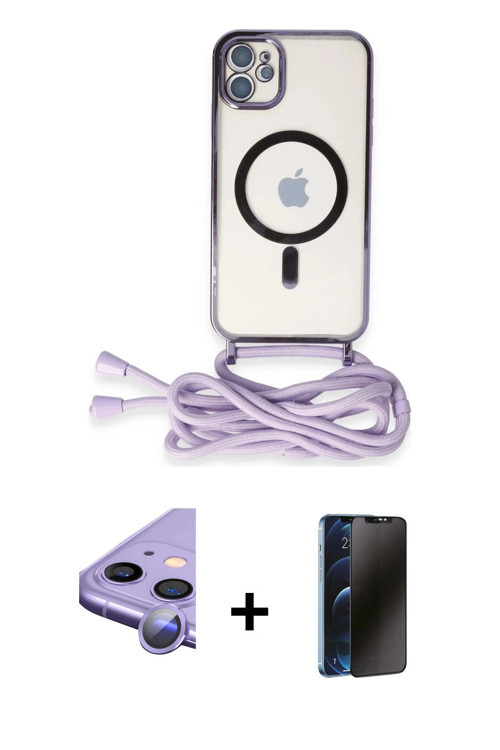 ieg™ iPhone 11 Kılıf Eksen Özel Seri - Siyah 3D Antistatik Hayalet Cam Ekran Koruyucu + Mor Raze Met
