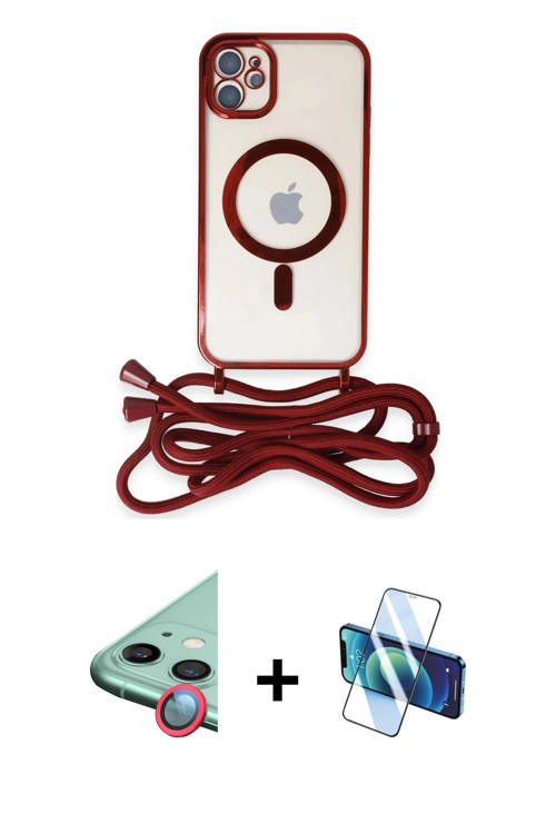 ieg™ iPhone 11 Kılıf Eksen Özel Seri - Siyah 3D Antistatik Seramik Nano Ekran Koruyucu + Kırmızı Raz