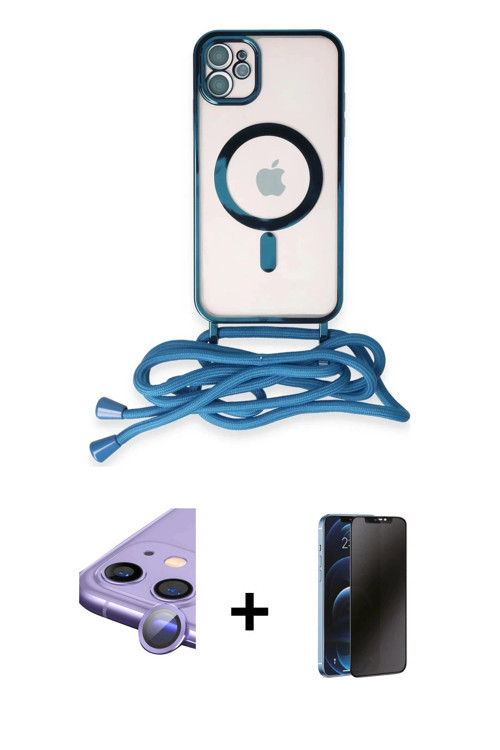 ieg™ iPhone 11 Kılıf Eksen Özel Seri - Siyah 3D Antistatik Hayalet Cam Ekran Koruyucu + Mor Raze Met