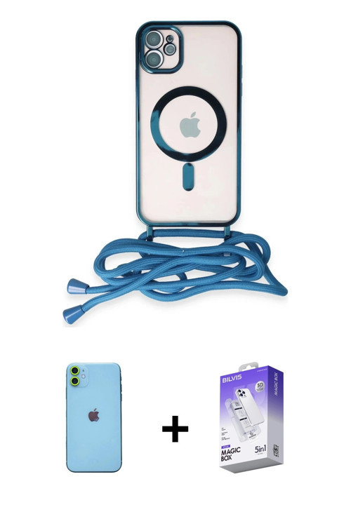 ieg™ iPhone 11 Kılıf Eksen Özel Seri - Siyah Bilvis 5in1 3D Magic Cam Ekran Koruyucu + Yeşil Neon Fo