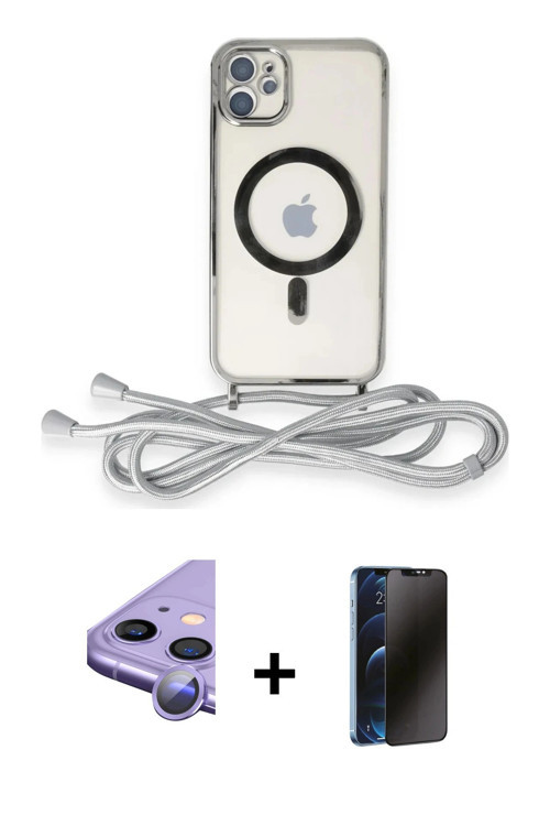 ieg™ iPhone 11 Kılıf Eksen Özel Seri - Siyah 3D Antistatik Hayalet Cam Ekran Koruyucu + Mor Raze Met