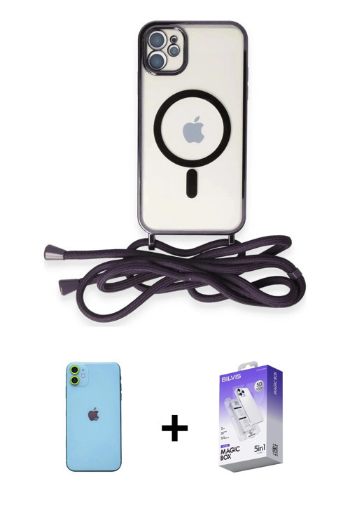 ieg™ iPhone 11 Kılıf Eksen Özel Seri - Siyah Bilvis 5in1 3D Magic Cam Ekran Koruyucu + Yeşil Neon Fo
