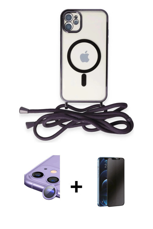 ieg™ iPhone 11 Kılıf Eksen Özel Seri - Siyah 3D Antistatik Hayalet Cam Ekran Koruyucu + Mor Raze Met