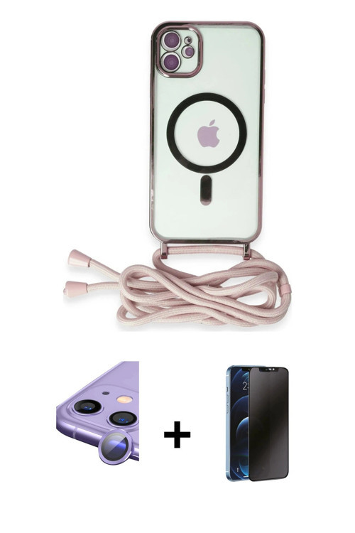 ieg™ iPhone 11 Kılıf Eksen Özel Seri - Siyah 3D Antistatik Hayalet Cam Ekran Koruyucu + Mor Raze Met
