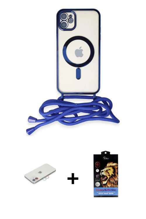 ieg™ iPhone 11 Kılıf Eksen Özel Seri - Siyah Buffer Hayalet Cam Ekran Koruyucu + Pembe Renkli Kamera