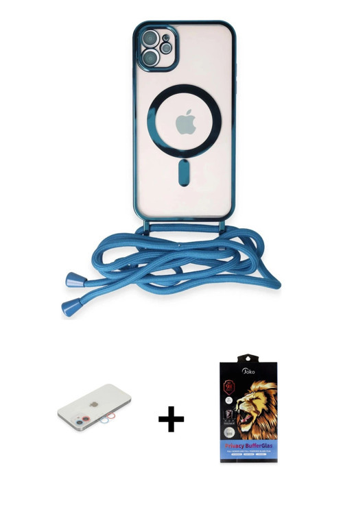 ieg™ iPhone 11 Kılıf Eksen Özel Seri - Siyah Buffer Hayalet Cam Ekran Koruyucu + Pembe Renkli Kamera