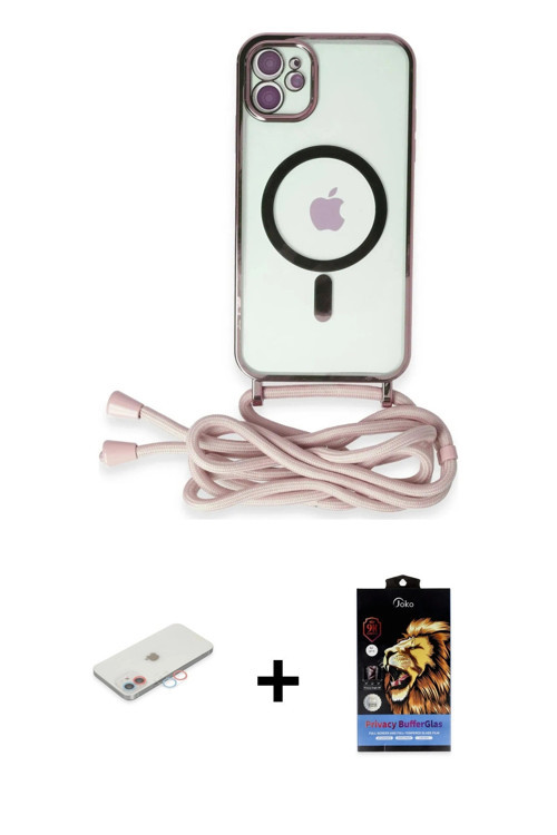 ieg™ iPhone 11 Kılıf Eksen Özel Seri - Siyah Buffer Hayalet Cam Ekran Koruyucu + Pembe Renkli Kamera