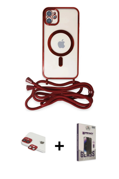 ieg™ iPhone 11 Kılıf Eksen Özel Seri - Siyah Bilvis Hayalet Cam Ekran Koruyucu + Kırmızı Pers Alümin
