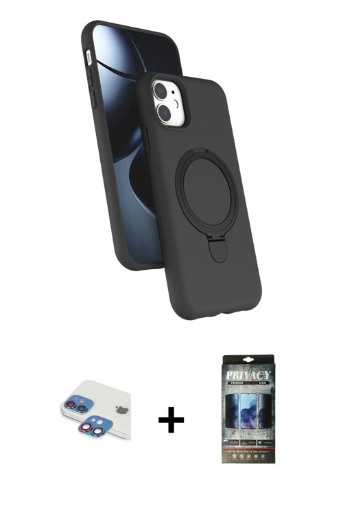 ieg™ iPhone 11 Kılıf İz Işık Koleksiyonu - Siyah 34D Hayalet Izgaralı Cam + Gökkuşağı Pers Alüminyum