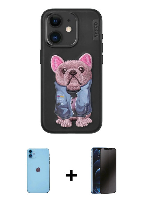 ieg™ iPhone 11 Kılıf İz Minimal Koleksiyonu - Siyah 3D Antistatik Hayalet Cam Ekran Koruyucu + Mavi