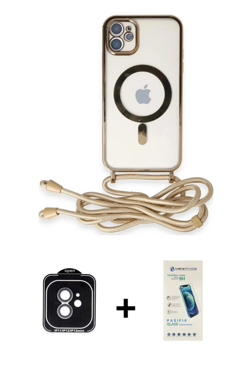 ieg™ iPhone 11 Kılıf Eksen Özel Seri - Şeffaf Pasifik Cam Ekran Koruyucu + Yeşil PVD Metal Kamera Le