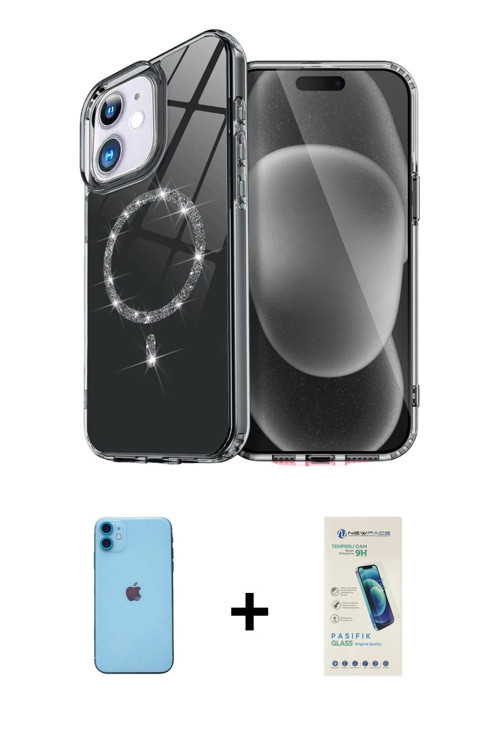 ieg™ iPhone 11 Kılıf Kıvılcım Form Prime - Şeffaf Pasifik Cam Ekran Koruyucu + Mavi Neon Fosforlu Ka