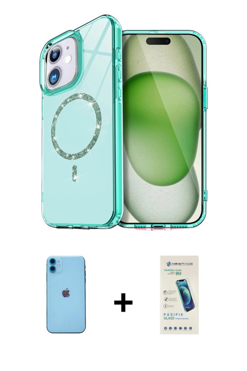 ieg™ iPhone 11 Kılıf Kıvılcım Form Prime - Şeffaf Pasifik Cam Ekran Koruyucu + Mavi Neon Fosforlu Ka