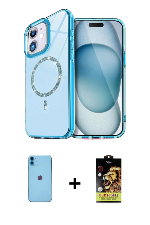 ieg™ iPhone 11 Kılıf Kıvılcım Form Prime - Siyah Buffer Cam Ekran Koruyucu + Mavi Neon Fosforlu Kame