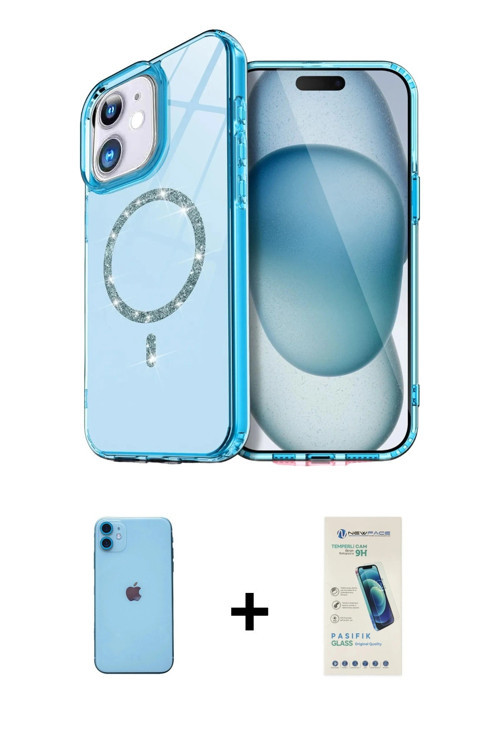 ieg™ iPhone 11 Kılıf Kıvılcım Form Prime - Şeffaf Pasifik Cam Ekran Koruyucu + Mavi Neon Fosforlu Ka