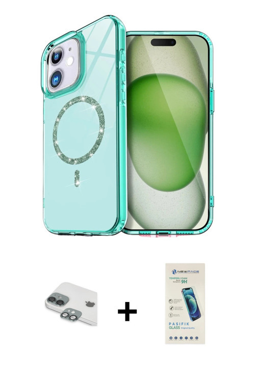 ieg™ iPhone 11 Kılıf Kıvılcım Form Prime - Şeffaf Pasifik Cam Ekran Koruyucu + Yeşil Pers Alüminyum