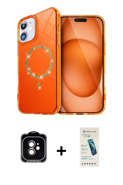 ieg™ iPhone 11 Kılıf Kıvılcım Form Prime - Şeffaf Pasifik Cam Ekran Koruyucu + Turuncu PVD Metal Kam