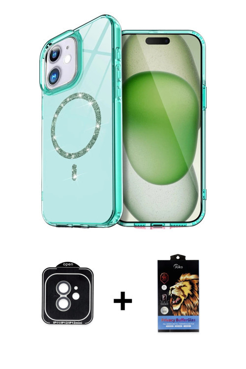 ieg™ iPhone 11 Kılıf Kıvılcım Form Prime - Siyah Buffer Hayalet Cam Ekran Koruyucu + Yeşil PVD Metal