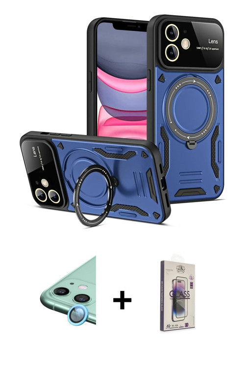 ieg™ iPhone 11 Kılıf Kıvılcım Modern Serisi - Siyah Bilvis 3D Cam Ekran Koruyucu + Mavi Raze Metal K