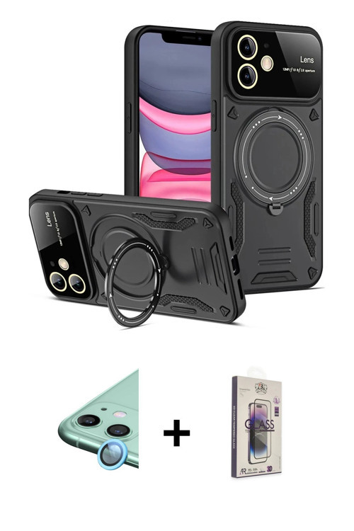 ieg™ iPhone 11 Kılıf Kıvılcım Modern Serisi - Siyah Bilvis 3D Cam Ekran Koruyucu + Mavi Raze Metal K