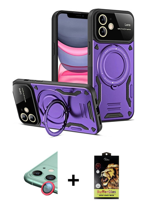 ieg™ iPhone 11 Kılıf Kıvılcım Modern Serisi - Siyah Buffer Cam Ekran Koruyucu + Kırmızı Raze Metal K