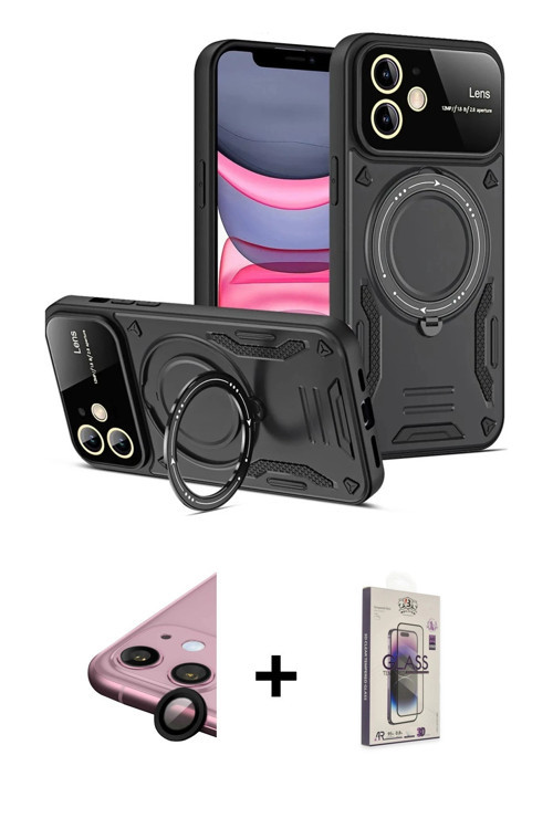 ieg™ iPhone 11 Kılıf Kıvılcım Modern Serisi - Siyah Bilvis 3D Cam Ekran Koruyucu + Siyah Raze Metal