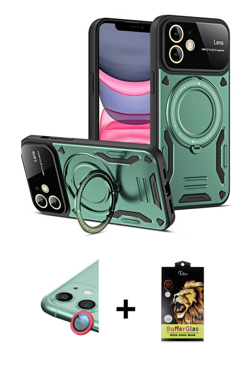ieg™ iPhone 11 Kılıf Kıvılcım Modern Serisi - Siyah Buffer Cam Ekran Koruyucu + Kırmızı Raze Metal K