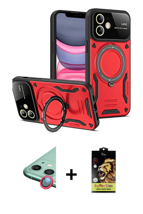 ieg™ iPhone 11 Kılıf Kıvılcım Modern Serisi - Siyah Buffer Cam Ekran Koruyucu + Kırmızı Raze Metal K