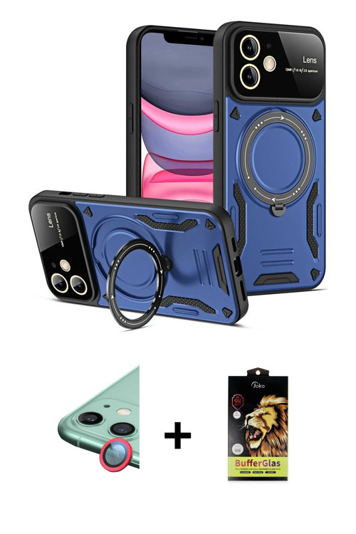 ieg™ iPhone 11 Kılıf Kıvılcım Modern Serisi - Siyah Buffer Cam Ekran Koruyucu + Kırmızı Raze Metal K