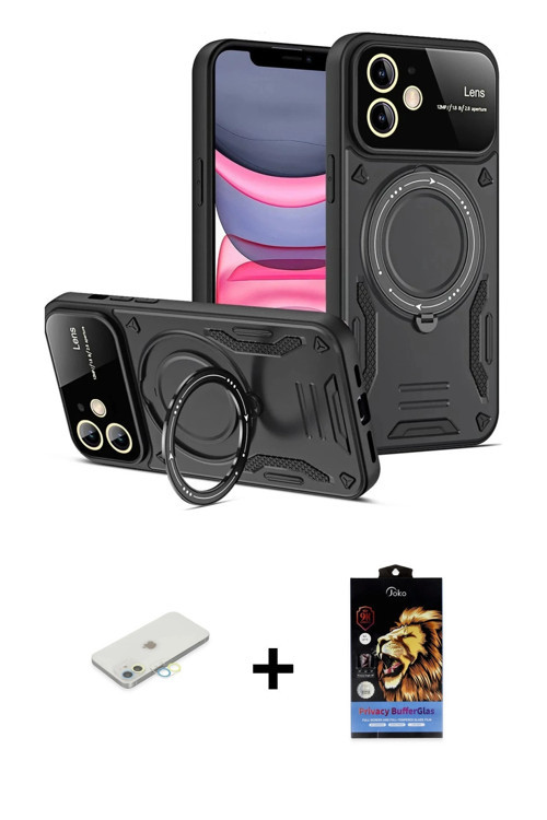 ieg™ iPhone 11 Kılıf Kıvılcım Modern Serisi - Siyah Buffer Hayalet Cam Ekran Koruyucu + Sarı Renkli